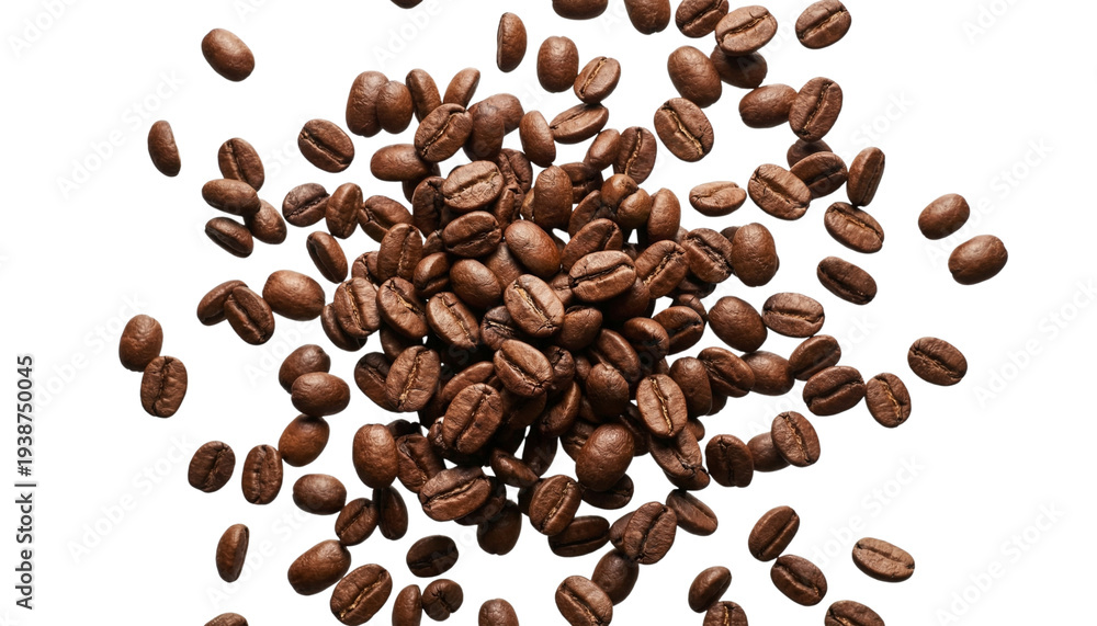 Obraz premium Dynamic explosion of roasted brown coffee beans falling in mid-air, isolated on a transparent background.