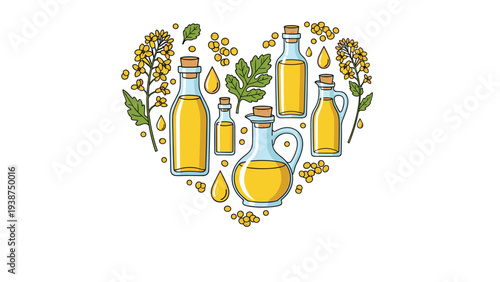 Charming heart-shaped composition of various mustard oil bottles, flowering mustard plants, and scattered seeds, representing natural healthy cooking.