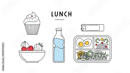 Collection of minimalist line art icons representing a healthy lunch meal, including a cupcake, fruit bowl, water bottle, and bento box.