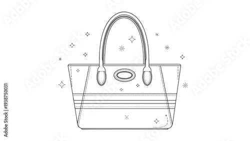 Glamorous black and white line art illustration of a fashionable handbag or tote bag with sparkling elements, ideal for luxury branding.