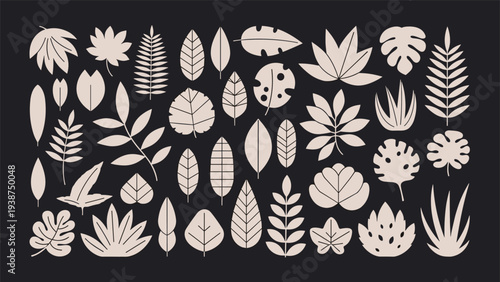 Assortment of stylized tropical and exotic leaves in a soothing beige hue, presented as a flat vector collection on a dark background.