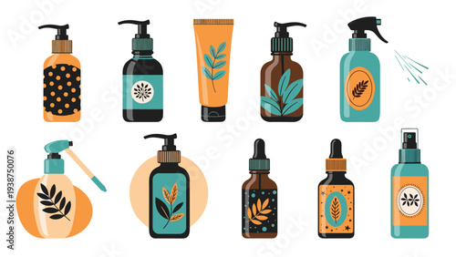 Diverse collection of natural cosmetic and skincare product bottles and tubes, adorned with organic plant motifs in a modern flat design style.