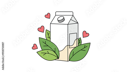 Wholesome plant-based milk carton adorned with fresh green leaves and cheerful red hearts, symbolizing organic and healthy nutrition.