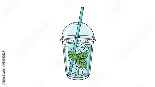 Refreshing iced mint drink served in a clear plastic cup with ice cubes and a straw, presented in a vibrant line art style.