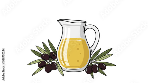 Elegant glass pitcher filled with golden olive oil, beautifully surrounded by lush olive branches and ripe black olives, symbolizing healthy cuisine.