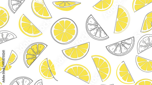Zesty seamless pattern showcasing a mix of yellow lemon slices and detailed outlines, creating a refreshing citrus background.