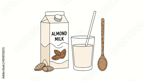 Healthy almond milk set featuring a carton, a refreshing glass of milk, raw almonds, and a wooden spoon, perfect for dairy-free concepts.