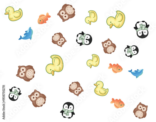 Whimsical cartoon animals floating in a playful scattered arrangement on a clean background from a direct viewpoint