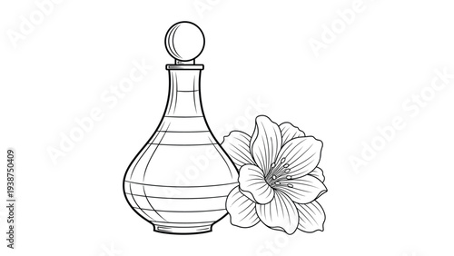 Elegant black and white line art illustration of a decorative perfume bottle alongside a beautiful blooming flower, symbolizing luxury and fragrance.