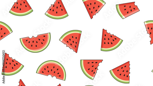 Juicy seamless pattern featuring a dynamic arrangement of brightly colored, bitten watermelon slices, perfect for refreshing summer designs.