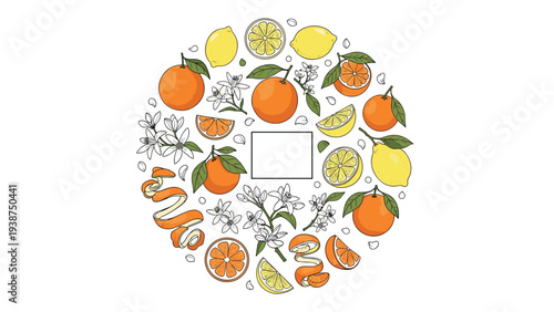 Beautiful circular arrangement of fresh oranges and lemons, including whole fruits, slices, blossoms, and peels, surrounding a customizable blank square.