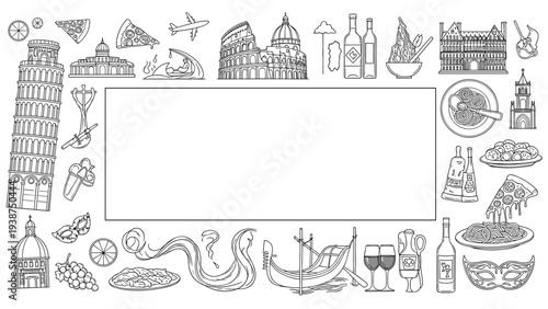 Comprehensive rectangular frame featuring iconic Italian landmarks, delicious foods, and rich cultural elements in detailed black and white line art.