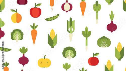 Vibrant seamless pattern composed of stylized geometric fruits and vegetables, creating a modern and healthy food background.