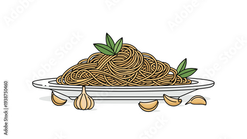 Delicious plate of spaghetti artfully topped with fresh basil leaves, accompanied by aromatic garlic cloves, embodying classic Italian cuisine.