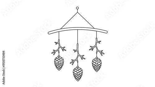 Adorable black and white line art illustration of a baby mobile, delicately adorned with natural pinecones and small branches, creating a rustic charm.