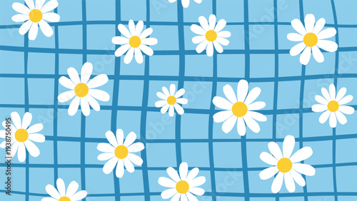 Cheerful seamless pattern showcasing bright white daisies scattered across a whimsical blue grid background, perfect for joyful designs.