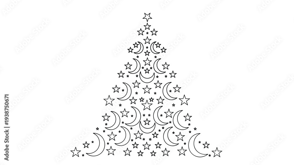 Fototapeta premium Unique black and white line art Christmas tree creatively formed from an enchanting pattern of crescent moons and twinkling stars.
