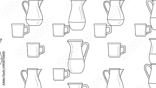 Clean seamless pattern composed of minimalist outlined glass jugs and mugs, perfect for simple kitchenware or beverage-themed designs.