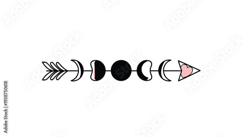 Mystical line art illustration of an arrow embellished with distinct moon phases and a charming heart-shaped arrowhead, symbolizing love and change.