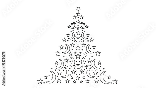 Unique black and white line art Christmas tree creatively formed from an enchanting pattern of crescent moons and twinkling stars.