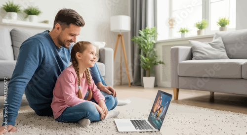 Father and children sitting on floor watching laptop screen together