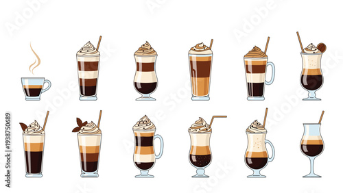 Diverse collection of various layered coffee drinks, served beautifully in different glasses and mugs, perfect for cafe menus and beverage promotions.