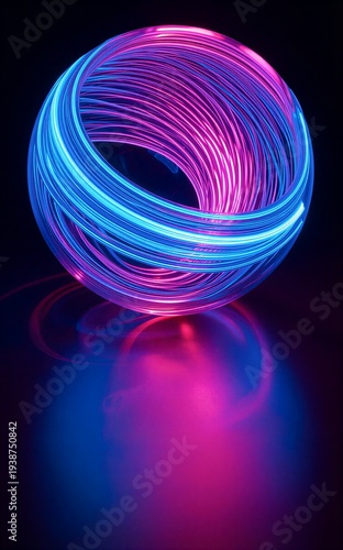 Vibrant neon lights swirl within a glowing sphere casting colorful