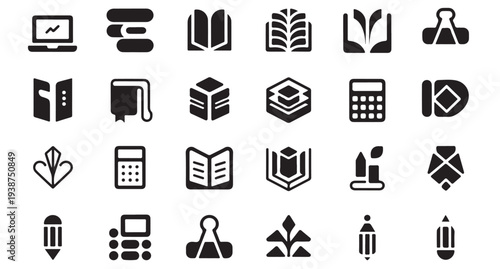 Abstract geometric book and education symbols with bold black solid shapes set of vector