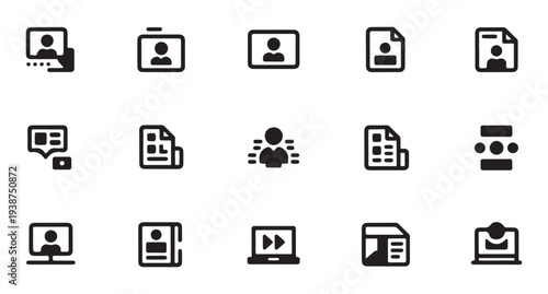 Set of 15 business and communication icons, including profile, document, presentation, and chat