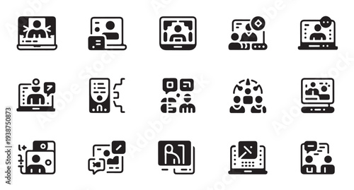Video conference and online meeting icons with digital collaboration profile shapes vector