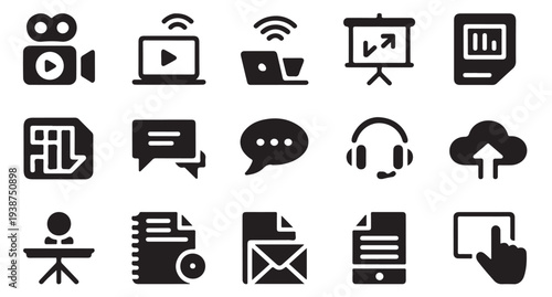 Set of 15 media and communication icons, including video, audio, presentation, and email