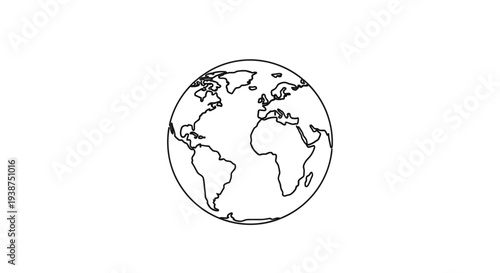 Simple Line Art Globe Icon, World Map Outline, Earth Planet Illustration