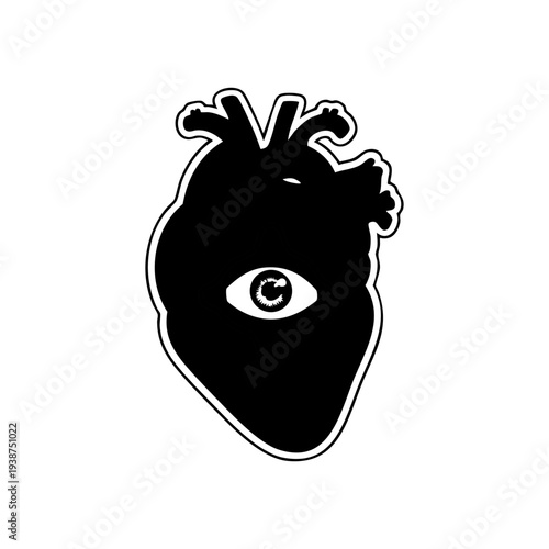 Anatomical heart illustration with eye symbol in surreal style. Mystical conceptual artwork representing awareness, emotion and perception.
