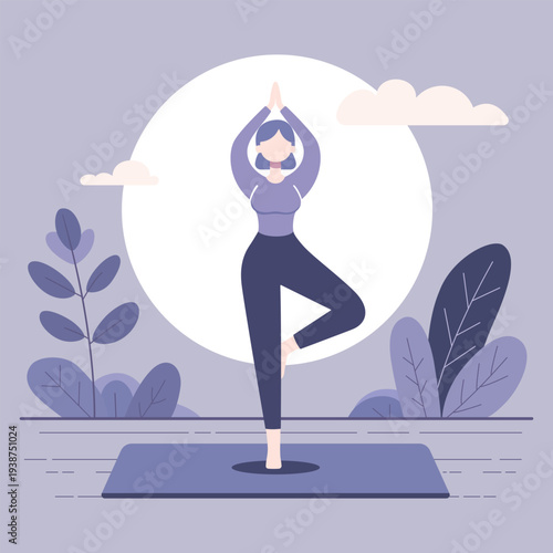 Woman practicing yoga tree pose (Vrikshasana) outdoors at sunrise, promoting balance and mindfulness