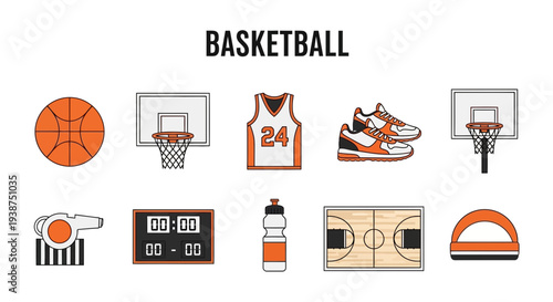 Flat icons of basketball equipment and court elements are displayed