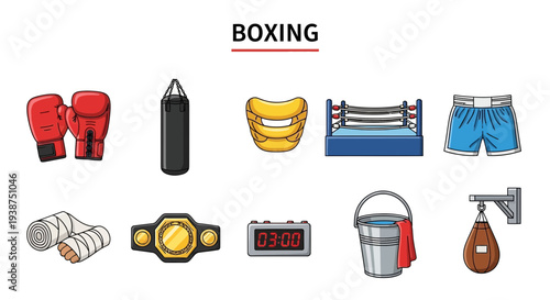 Collection of ten cartoon illustrations of boxing equipment and gear