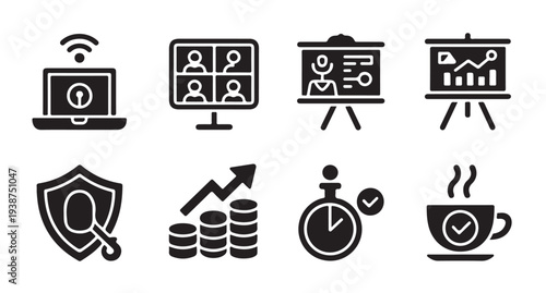 Online conference and business presentation vector icons for corporate and educational use