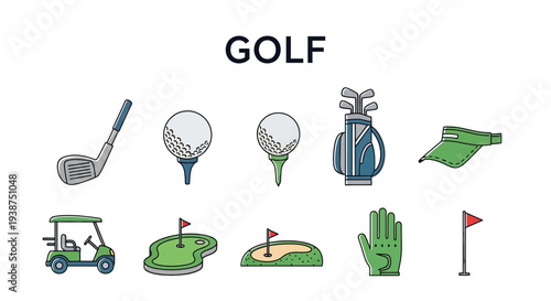 Collection of colorful stylized vector icons related to the sport of golf