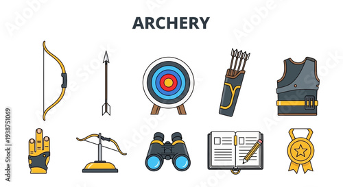 Ten flatstyle icons related to archery equipment and achievement