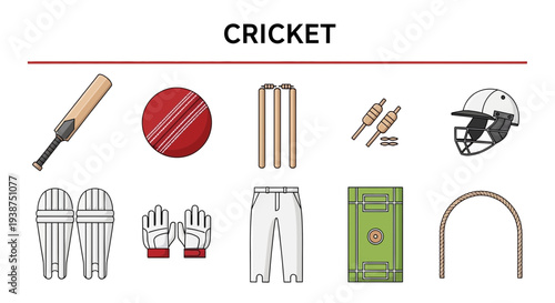 A grid of ten colorful cartoon icons depicting various pieces of cricket equipment and gear