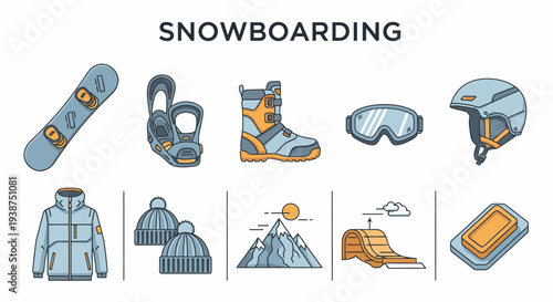 Snowboarding equipment and features icons in blue and orange colors