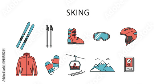 Icons for skiing equipment and elements arranged in two rows under the title SKING