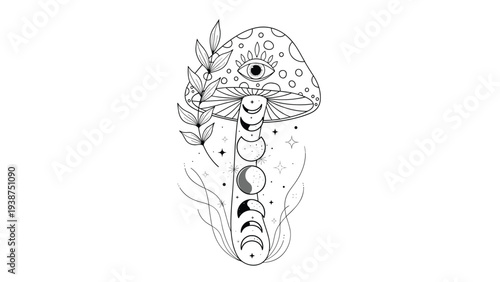 Intriguing mystical line art illustration of a celestial mushroom, featuring an all-seeing eye, intricate moon phases, and swirling cosmic elements.