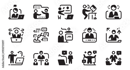 Set of 15 business and education vector icons. online training, learning, meeting, conference