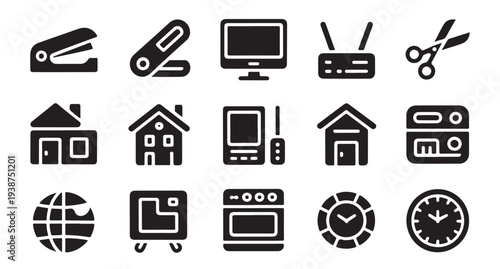 Group of home and office appliance icons in a clean flat style