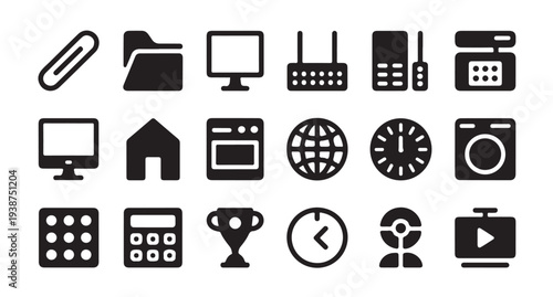 Assortment of modern icons representing technology and office items