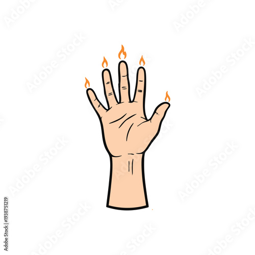 Hand illustration with small flame elements in mystical tattoo style. Symbolic hand drawing perfect for stickers, tattoo designs, mystical concepts and creative illustrations.