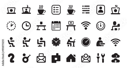 Corporate workflow icons featuring task lists coffee cups wifi signals and business people