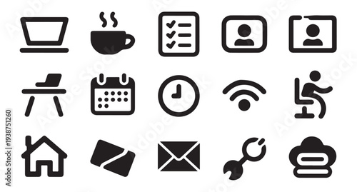 work from home icons set. black solid vector style. simple outline for mobile and web design