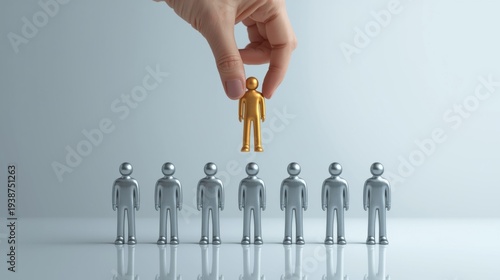 Hand lifting golden employee figure above diverse group of gray figures symbolizing leadership success and individuality in business